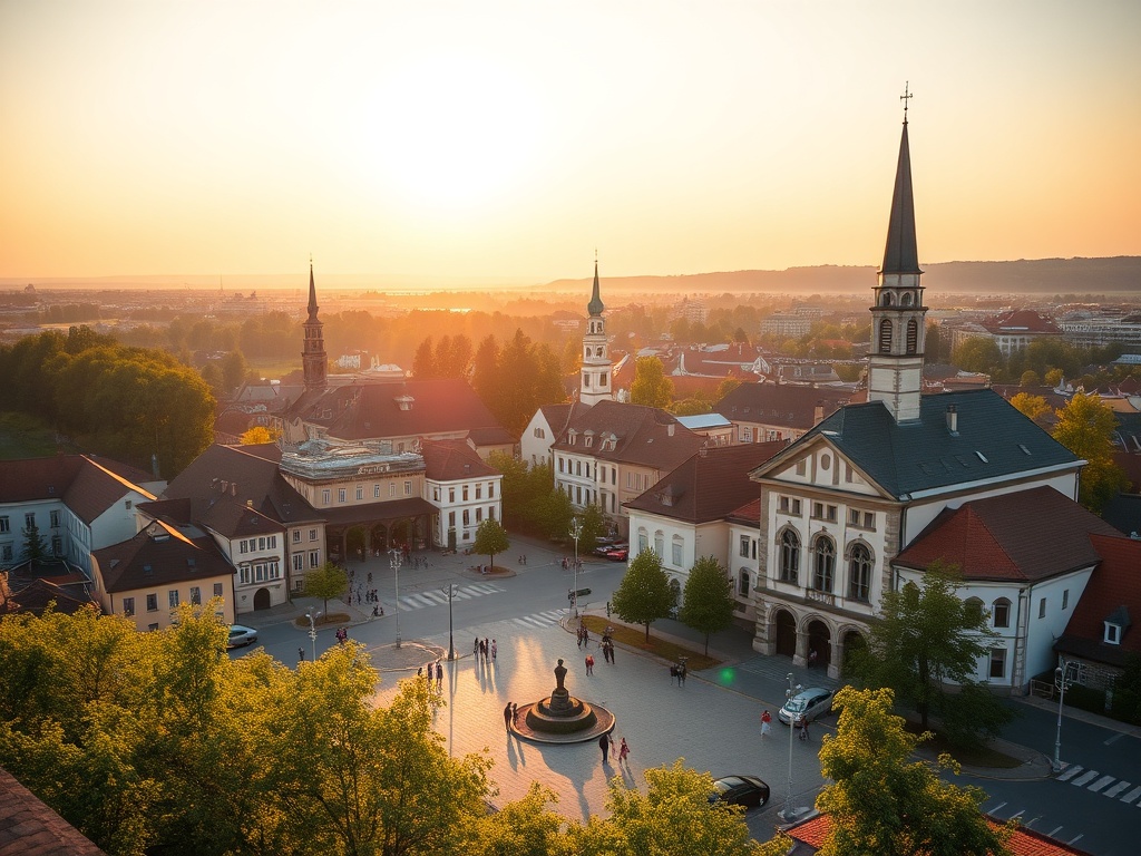 Widok na malowniczy krajobraz okolic Tomaszowa Mazowieckiego z zielonymi terenami i rzeką.